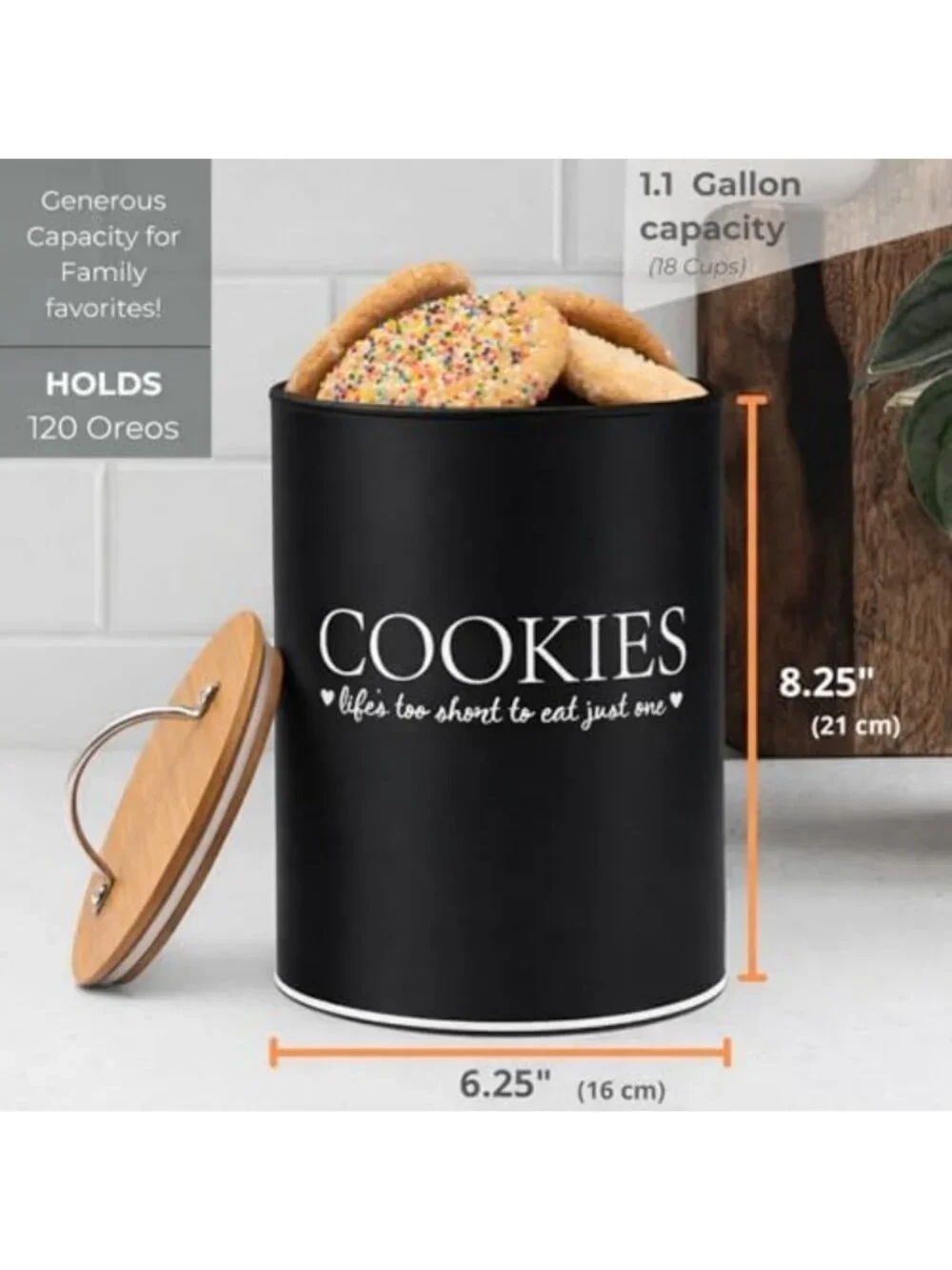 Airtight Cookie Jar with Bamboo Lid - 1.1 Gallon, Farmhouse Style, Black Decor